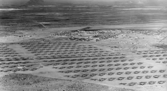 Aerial view of Davis-Monthan Air Force Base, May 1946, showing more than 600 B-29 Superfortress and 200 C-47 aircraft