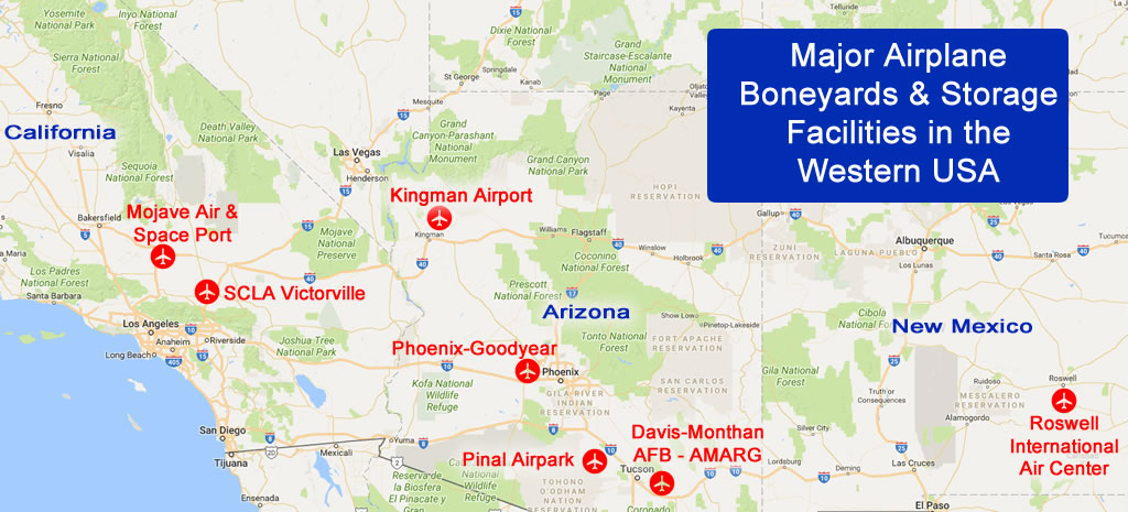 Map of major airplane boneyards and storage facilities in the deserts of the western USA