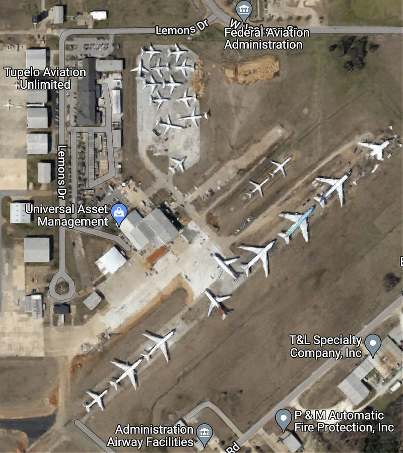 Aerial view of airliner boneyard at the Tupelo Regional Airport in Mississippi in 2022