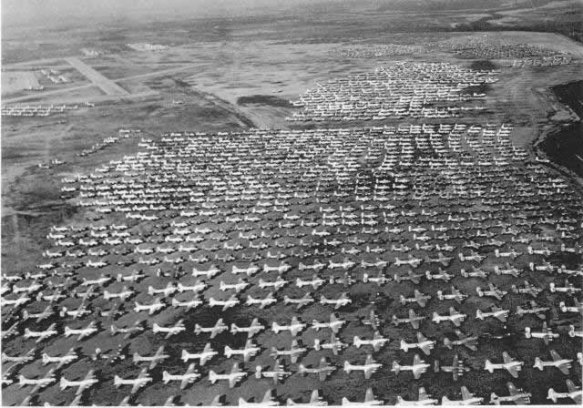 Aerial view of surplus U.S. military aircraft at Walnut Ridge, Arkansas, in November, 1945