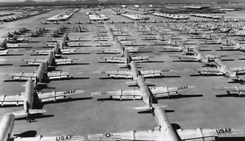 Rows of Boeing C-97 and KC-97 aircraft at Davis-Monthan AFB AMARG awaiting scrapping, circa early 1970s