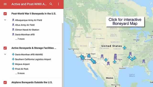 click to view interactive map of airplane boneyards and aircraft storage facilities in the United States
