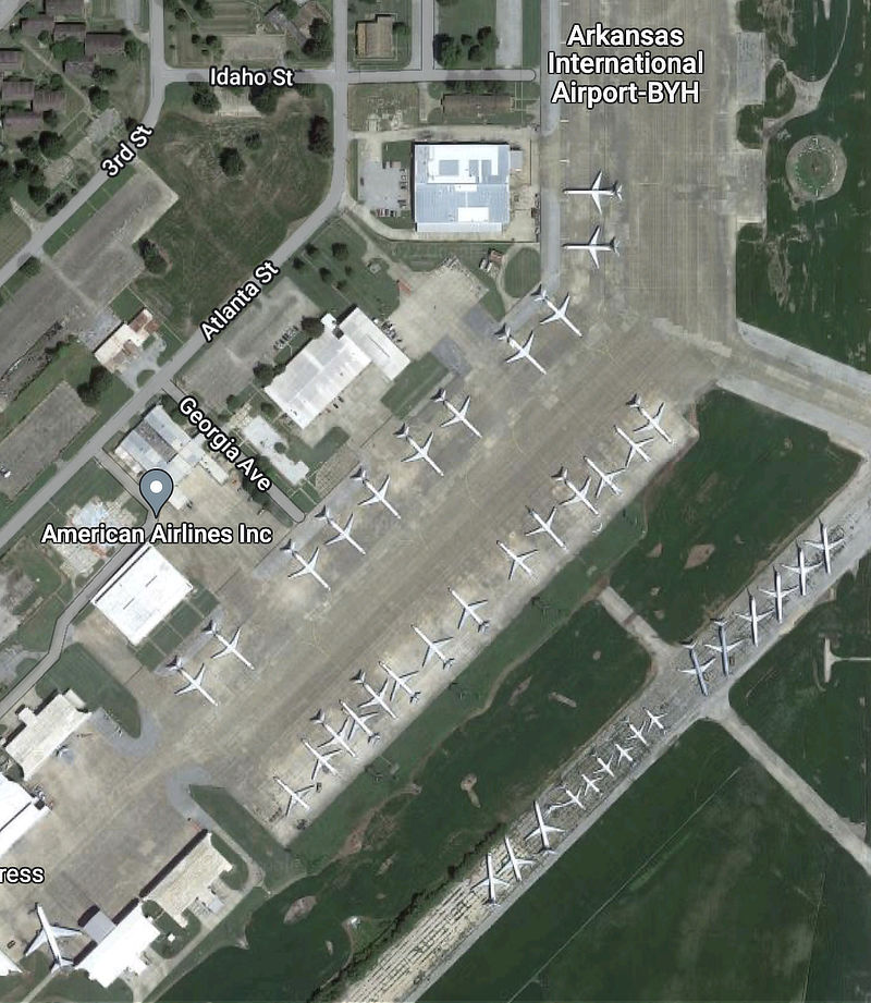 Aerial view of airliner boneyard at the Arkansas International Airport in Blytheville in 2022