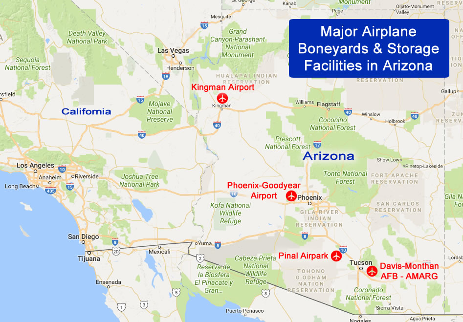 Map of major airplane boneyards and storage facilities in Arizona