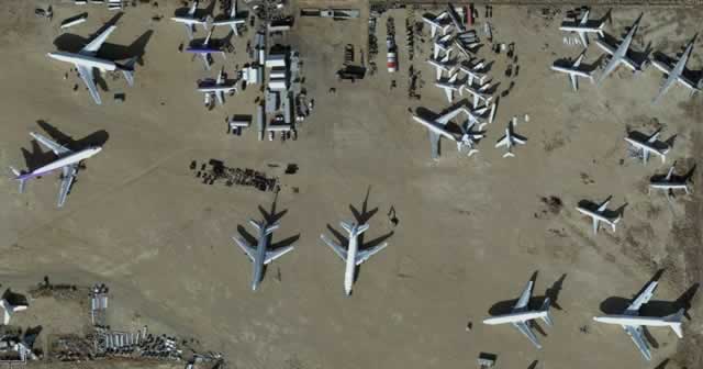 Close-up, aerial view of airliners at the Mojave Airport boneyard in California