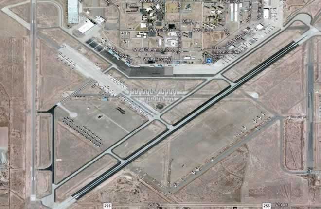 Aerial view of the Roswell International Air Center with airliners in storage