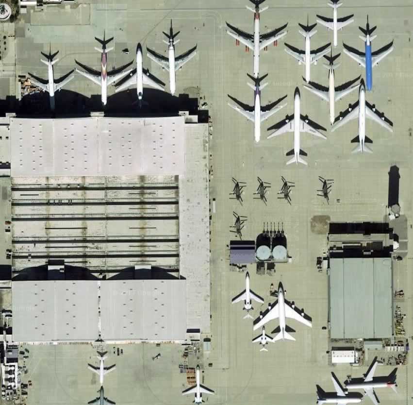 Aerial view of the UNICAL airliner maintenance facilities at the San Bernardino International Airport