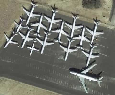 Aerial view of airliners in storage at the San Bernardino International Airport in California