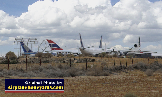 Jetliners in storage in the desert at the Southern California Logistics Airport near Victorville