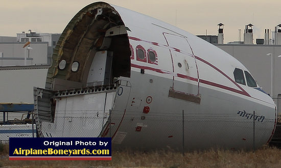 The nose section of an Airbus airliner at a scrapping yard near the Southern California Logistics Airport