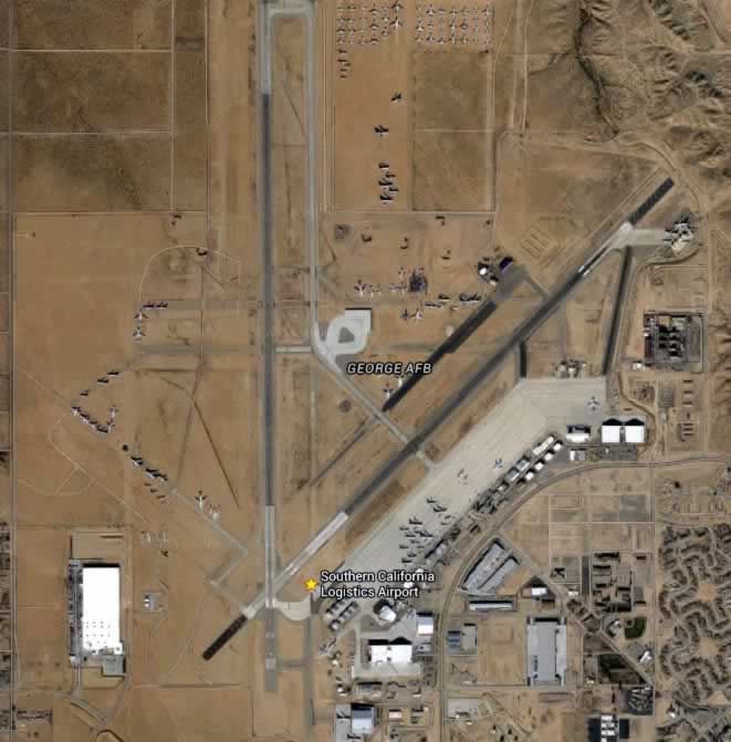 Aerial view of the Southern California Logistics Airport with airliners in storage