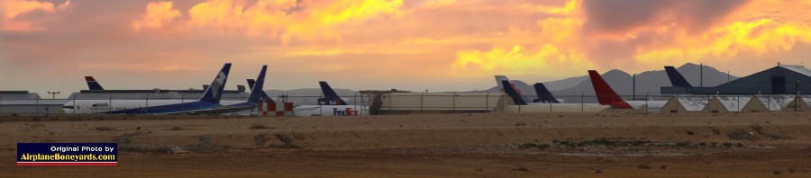 Panoramic view of jetliners in storage at the Southern California Logistics Airport in Victorville