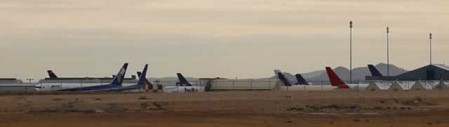 Panoramic view of jetliners in storage at the Southern California Logistics Airport in Victorville