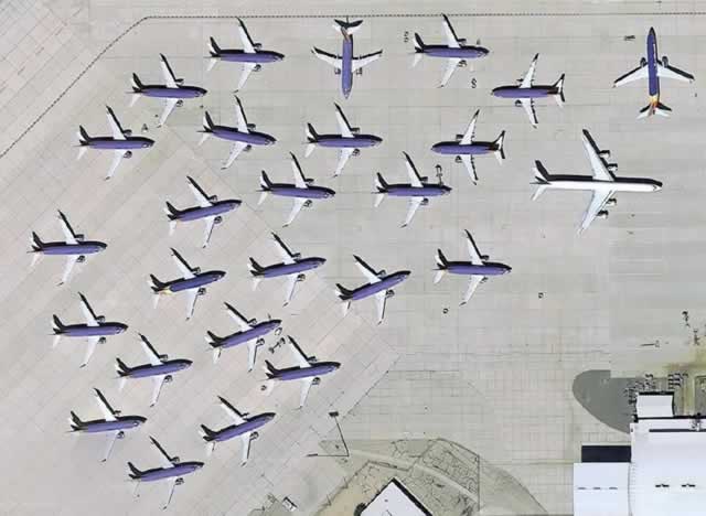 Aerial view of Southwest Airlines Boeing 737 MAX-8 fleet in temporary storage at the Southern California Logistics Airport in Victorville