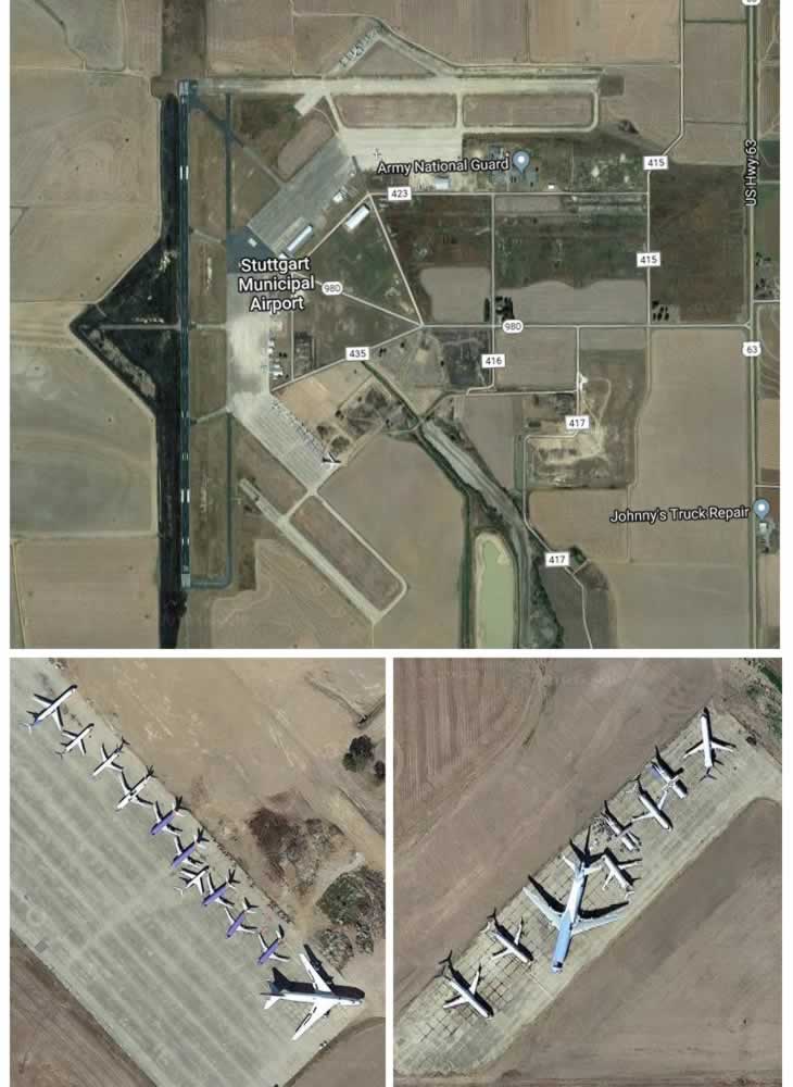 Aerial views of airliner storage at the Stuttfart Municipal Airport in Arkansas
