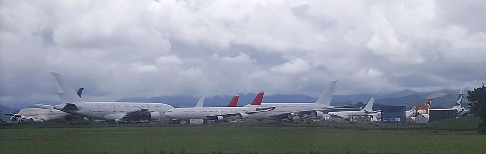 Airliners in storage at the TARMAC Aerosave Facility at the Tarbes–Lourdes–Pyrénées Airport in France