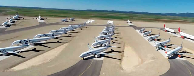 View of airliners in storage at the Tarmac Aerosave facility at the Teruel Airport in Spain