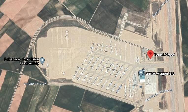 Aerial view of airplane storage area at the Teruel Airport in Spain