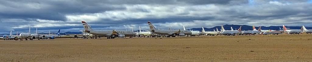 Panoramic view of airliners in storage at the Teruel Airport in Spain