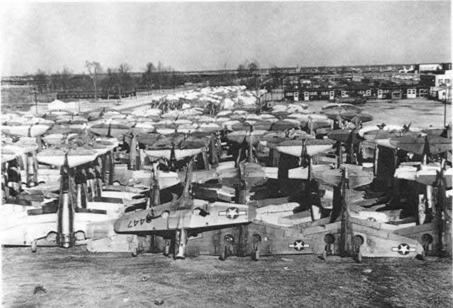 Surplus fighter aircraft awaiting the smelter at Walnut Ridge, Arkansas, after World War II