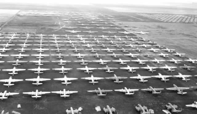 Aerial view of surplus military aircraft in storage at Cal-Aero Field, California after WWII (Photo used by permission of the photographer, William T. Larkins)