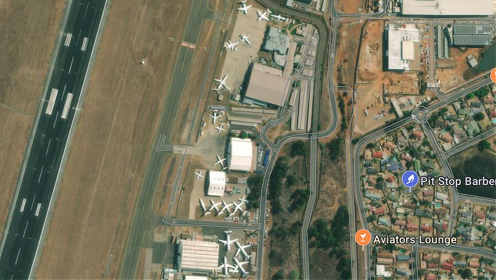 Aerial view of airliner storage at O. R. Tambo International Airport in Johannesburg, South Africa