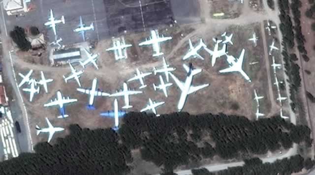 Aerial view of airplane boneyard at Manas International Airport in Kyrgyzstan