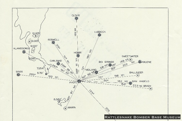 Map showing distance from Pyote to other airfields in Texas